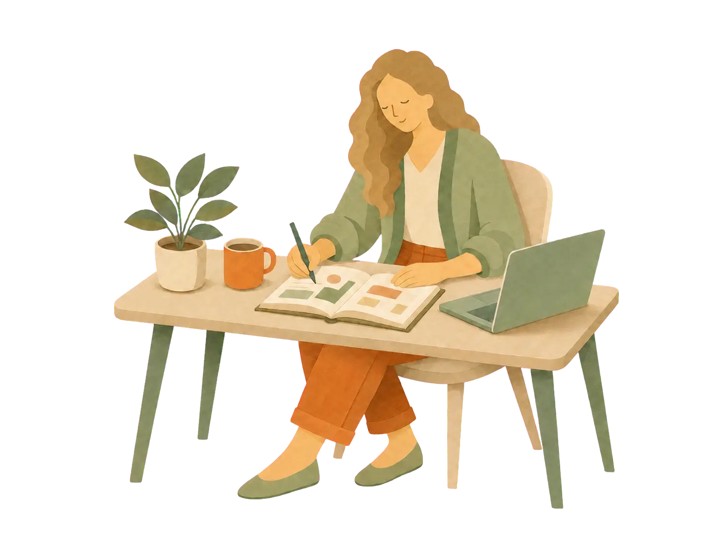 Editorial illustration of Elien preparing a personal language lesson.